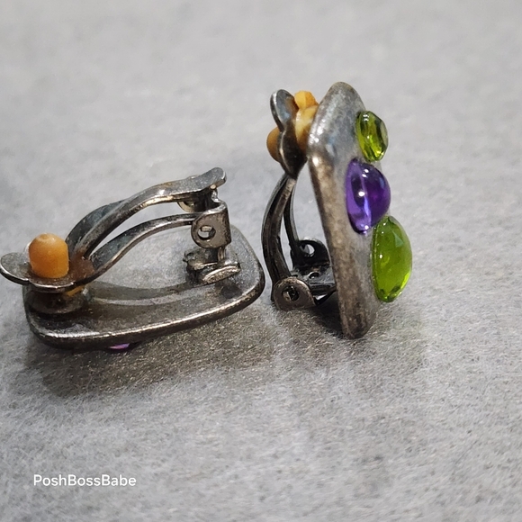 Vintage Clip-On Earrings | Green & Purple Cabochons on Oxidized Metal | ¾" - Picture 2 of 7